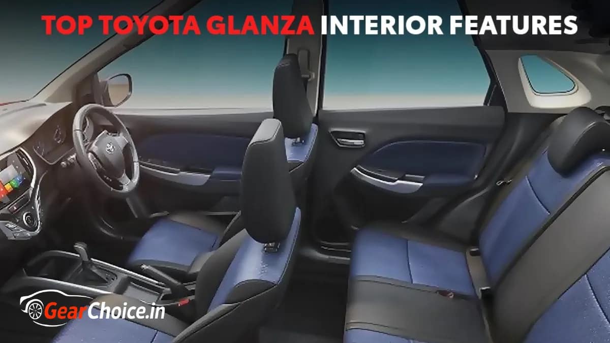 Toyota Glanza interior dashboard with 9-inch touchscreen, dual-tone finish, and ventilated front seats.