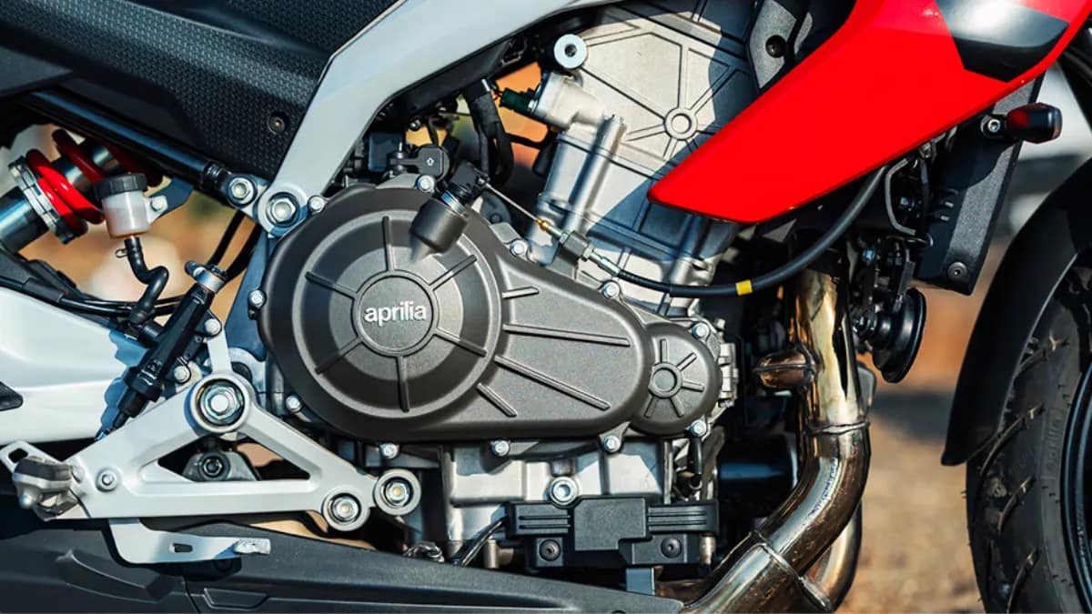 Close-up of Aprilia RS 457 457cc twin-cylinder engine with Aprilia branding
