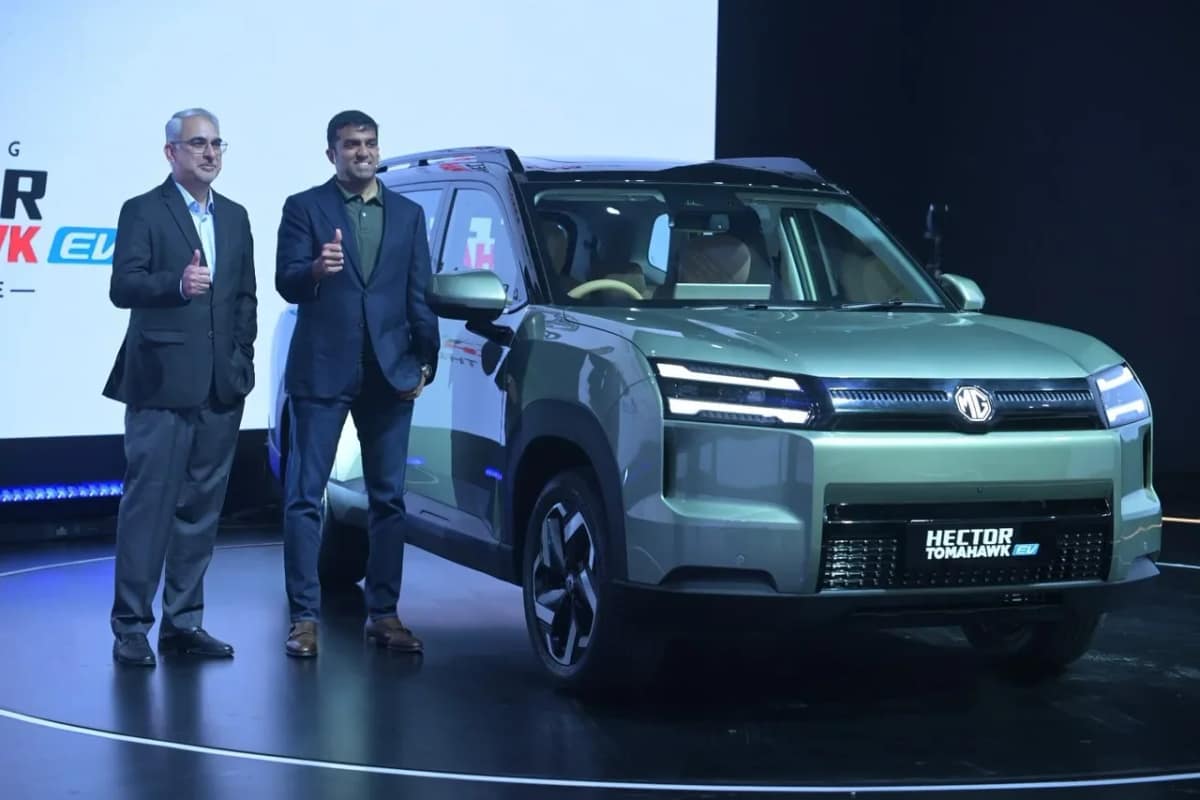 MG Hector Tomahawk EV in green on stage at its launch in Mumbai