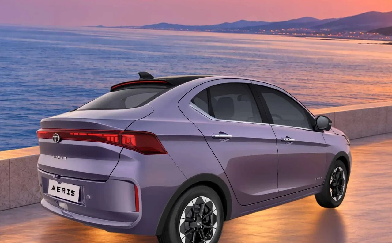 Tata Aeris rear three-quarter view at sunset